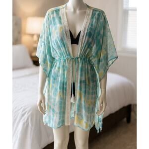 Steve Madden Women’s Beach Cover Up One Size Ocean Vibe Teal Yellow White Belted